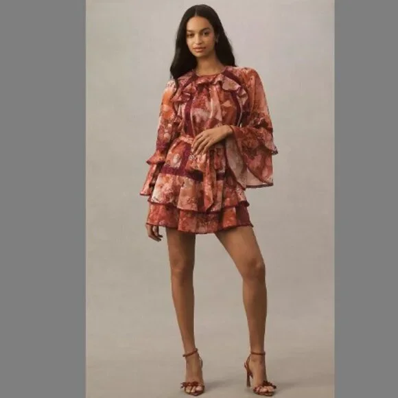 NWT BHLDN Camila Long Sleeve Chiffon Mini Dress Pink Medium - Picture 1 of 16